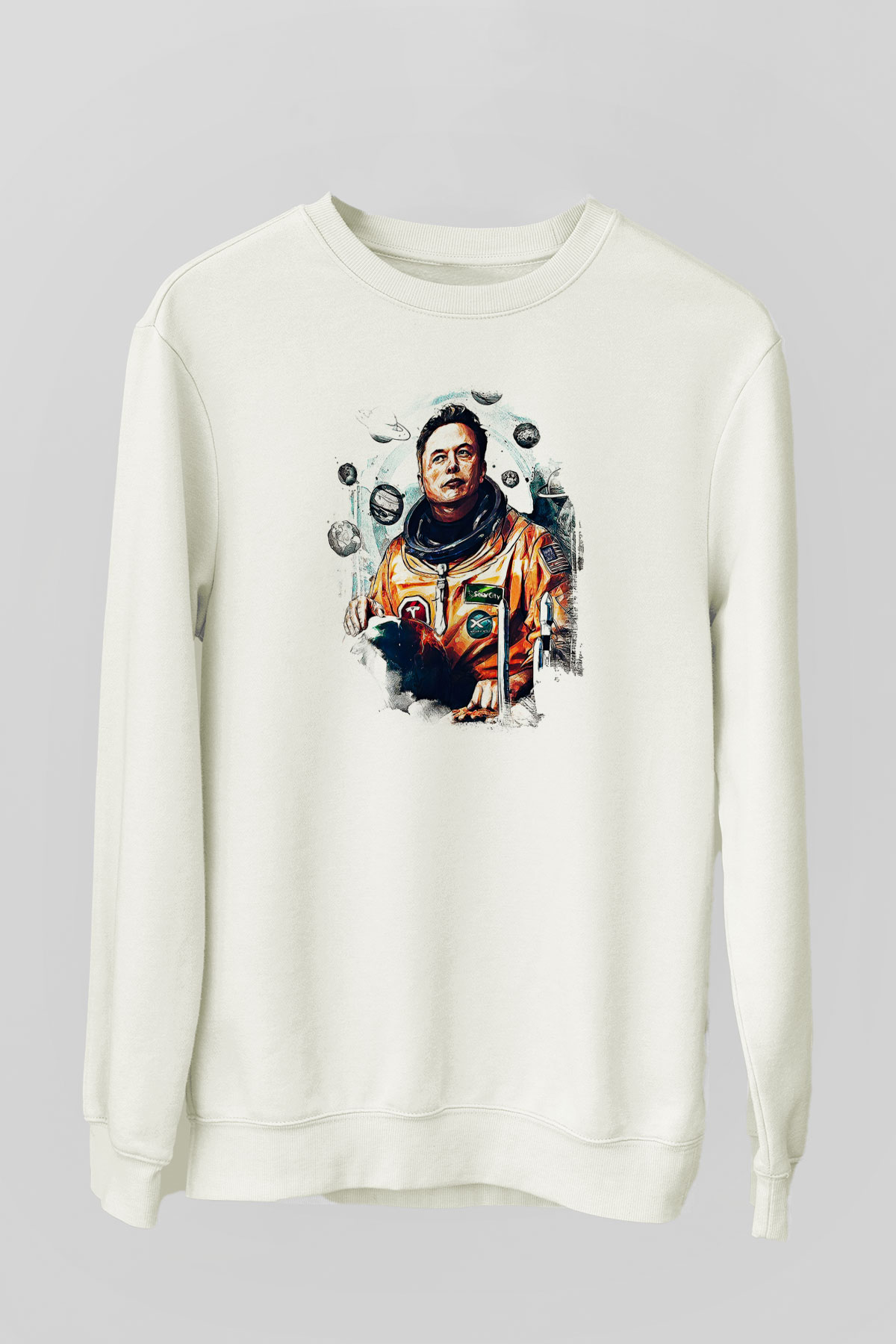 Elon Musk Baskılı Beyaz Unisex Sweatshirt