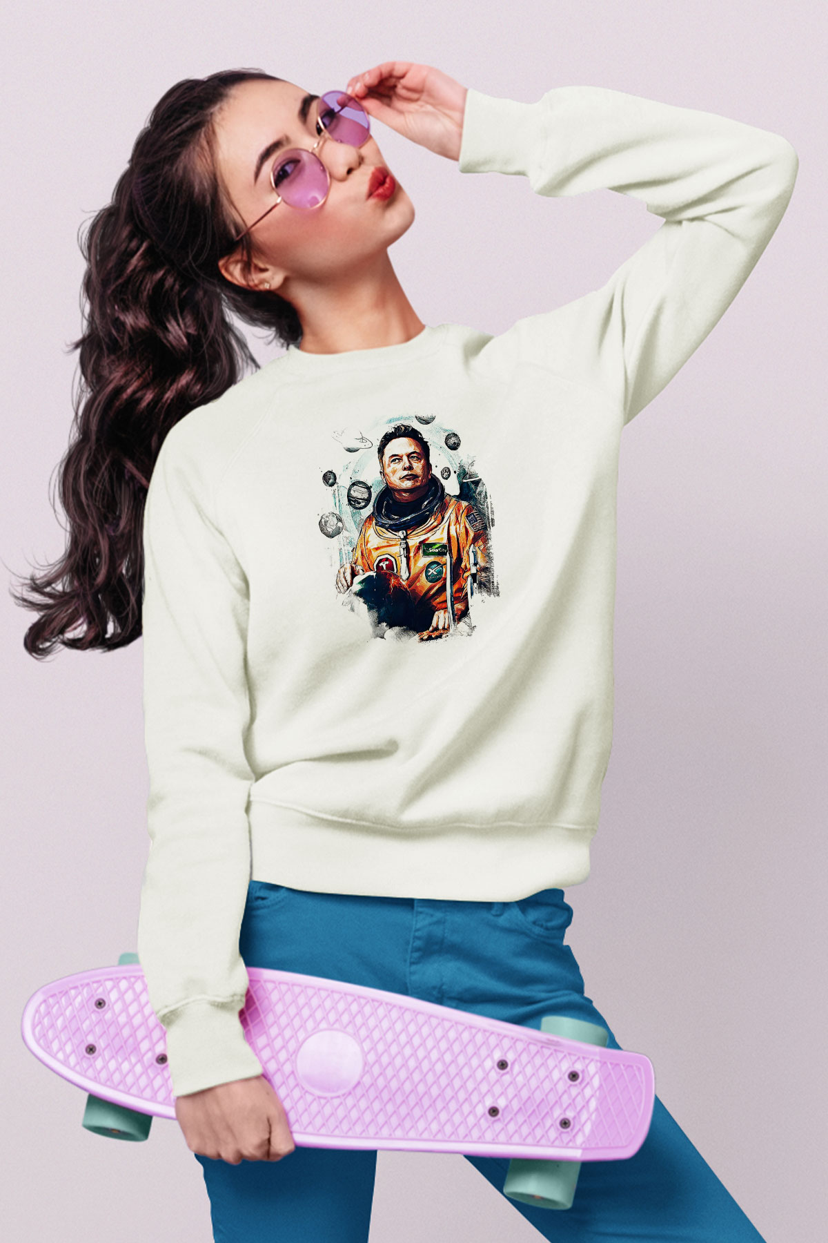 Elon Musk Baskılı Beyaz Unisex Sweatshirt