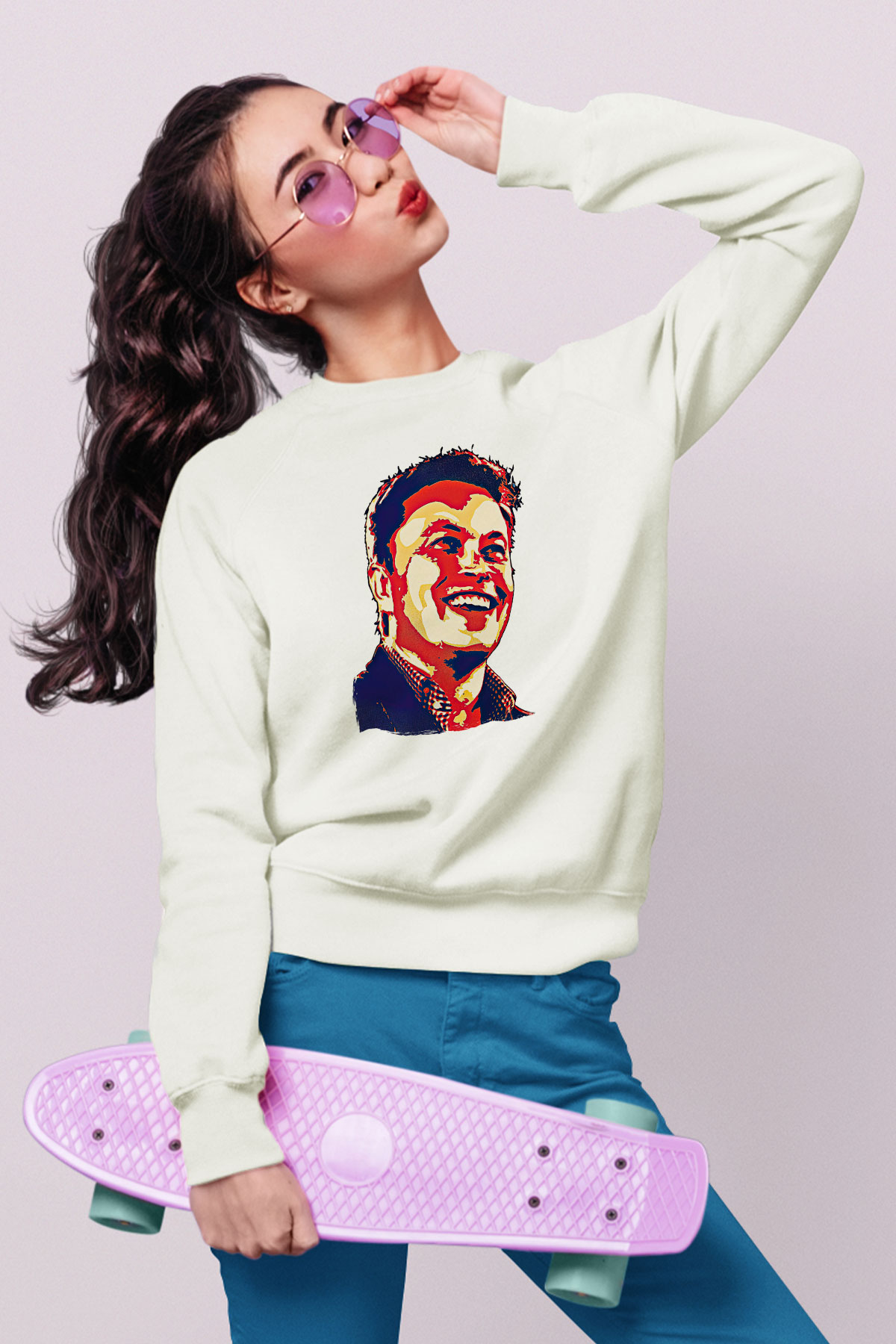Elon Musk Baskılı Beyaz Unisex Sweatshirt
