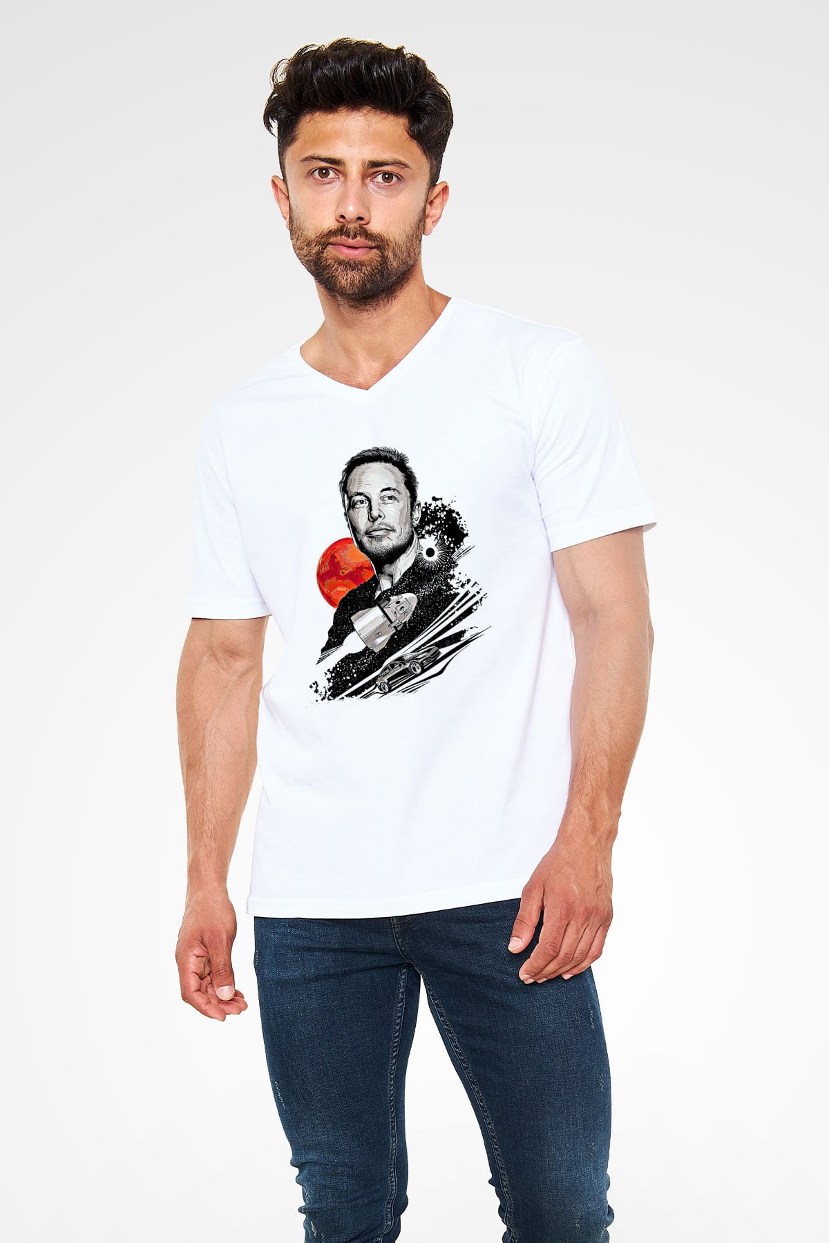 Elon Musk Baskılı Beyaz Unisex V Yaka Tişört - Tshirt