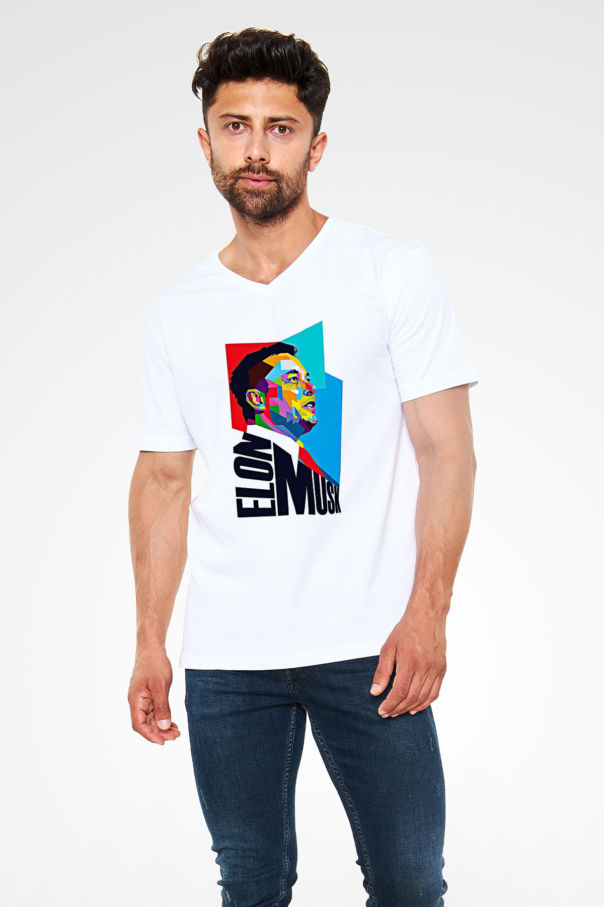 Elon Musk Baskılı Beyaz Unisex V Yaka Tişört - Tshirt