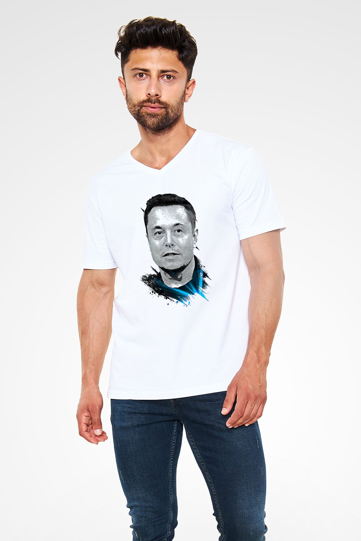 Elon Musk Baskılı Beyaz Unisex V Yaka Tişört - Tshirt
