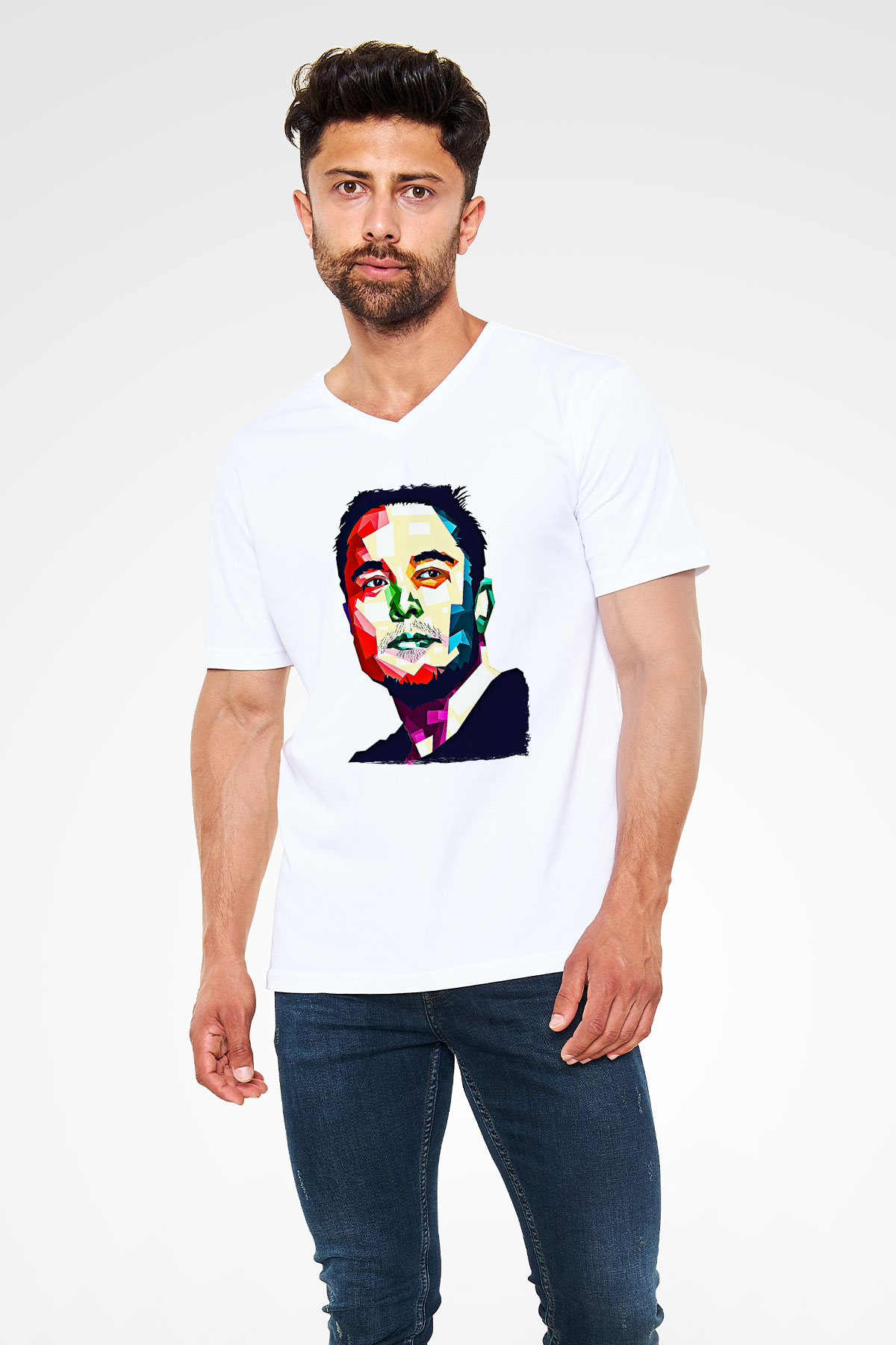 Elon Musk Baskılı Beyaz Unisex V Yaka Tişört - Tshirt