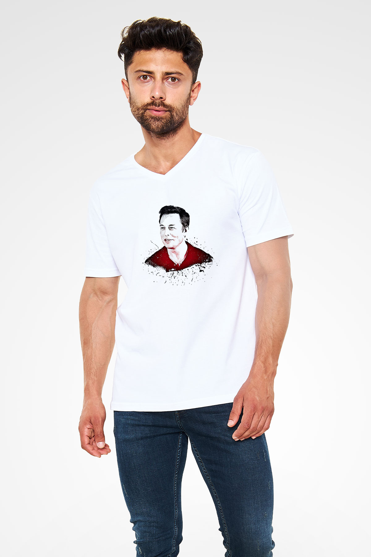 Elon Musk Baskılı Beyaz Unisex V Yaka Tişört - Tshirt