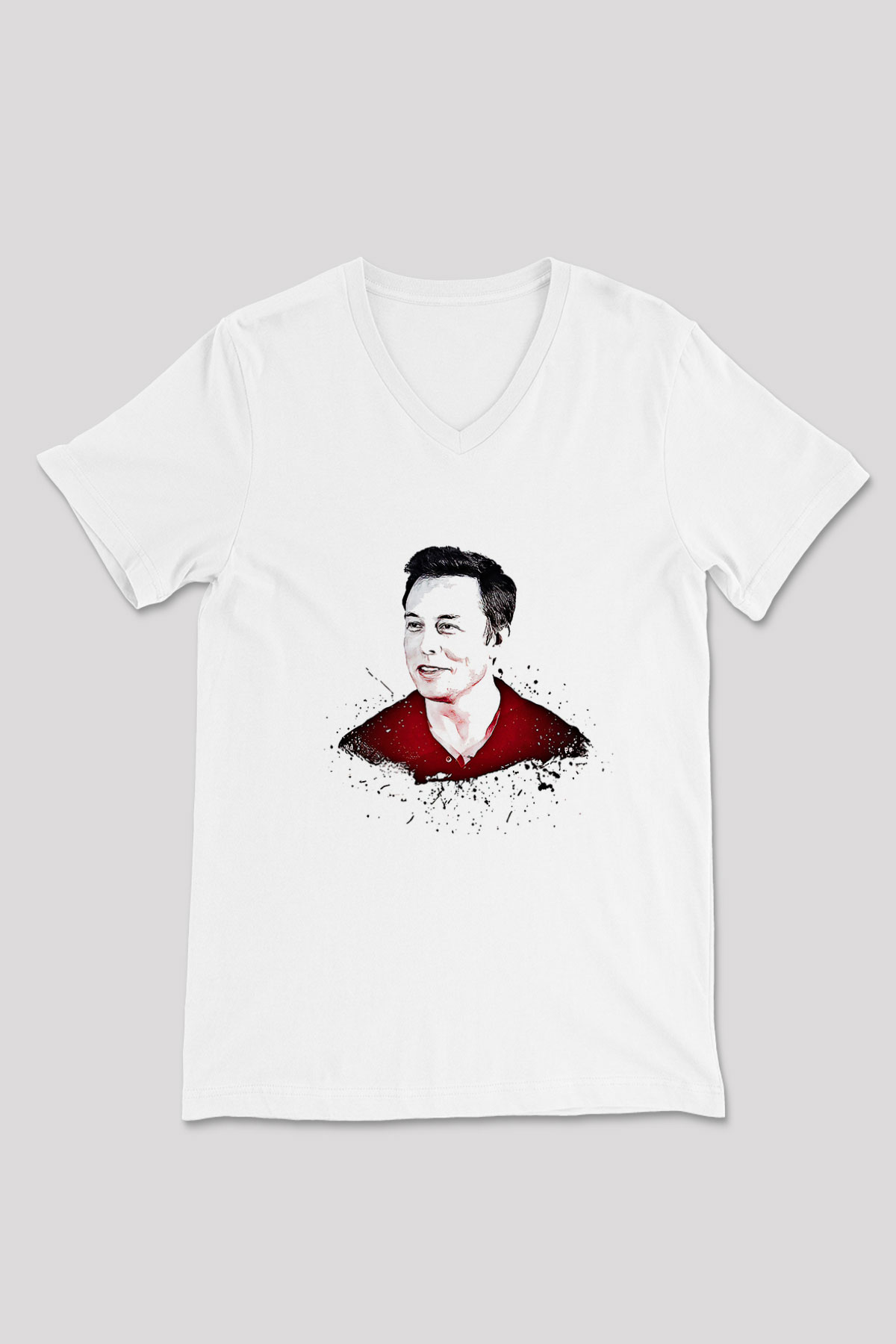Elon Musk Baskılı Beyaz Unisex V Yaka Tişört - Tshirt