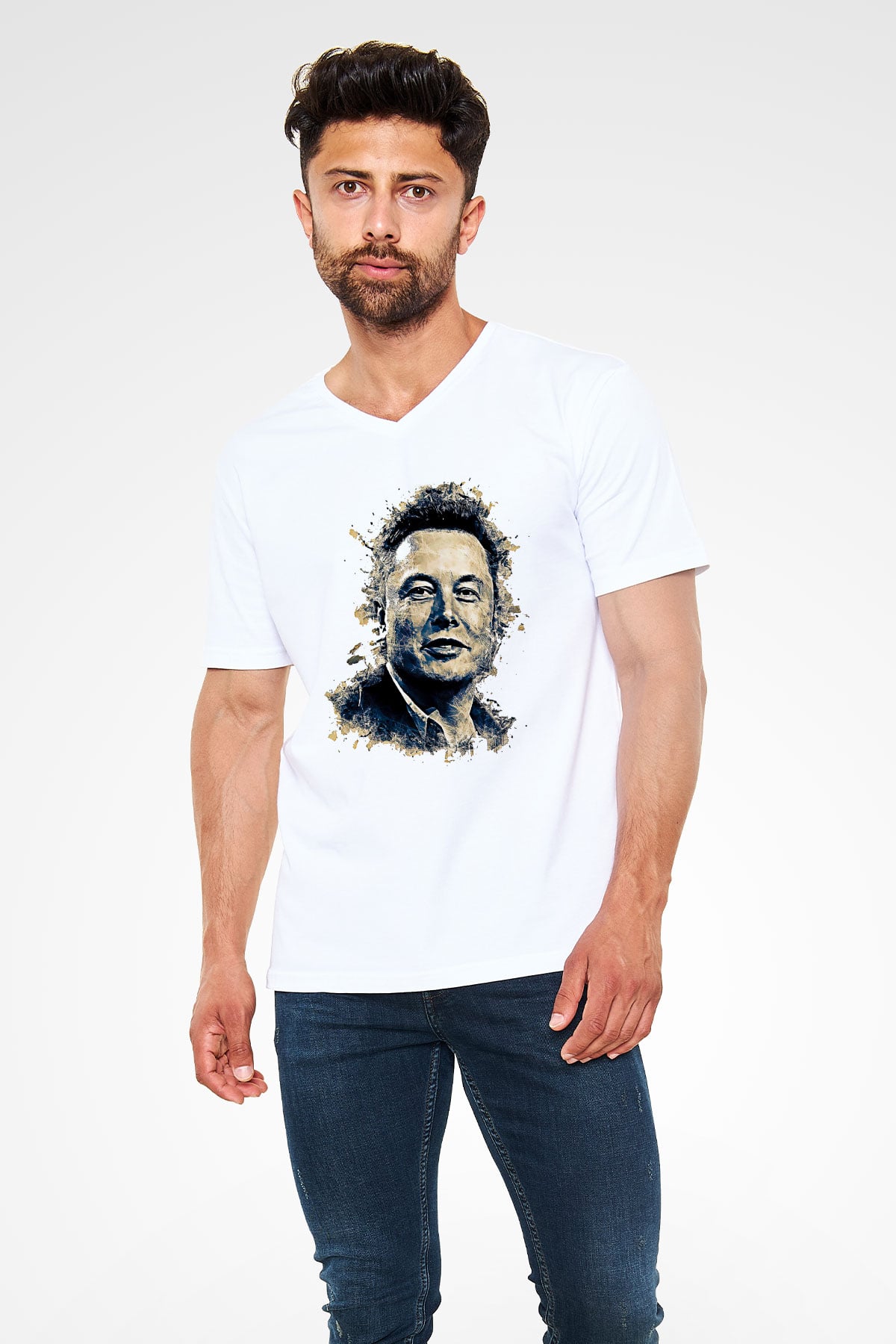 Elon Musk Baskılı Beyaz Unisex V Yaka Tişört - Tshirt