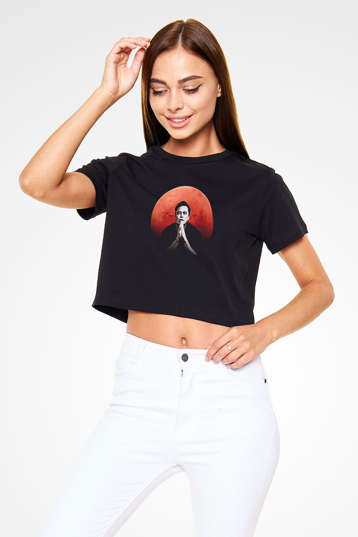 Elon Musk Baskılı Siyah Crop Top Kadın Tişört - Tshirt