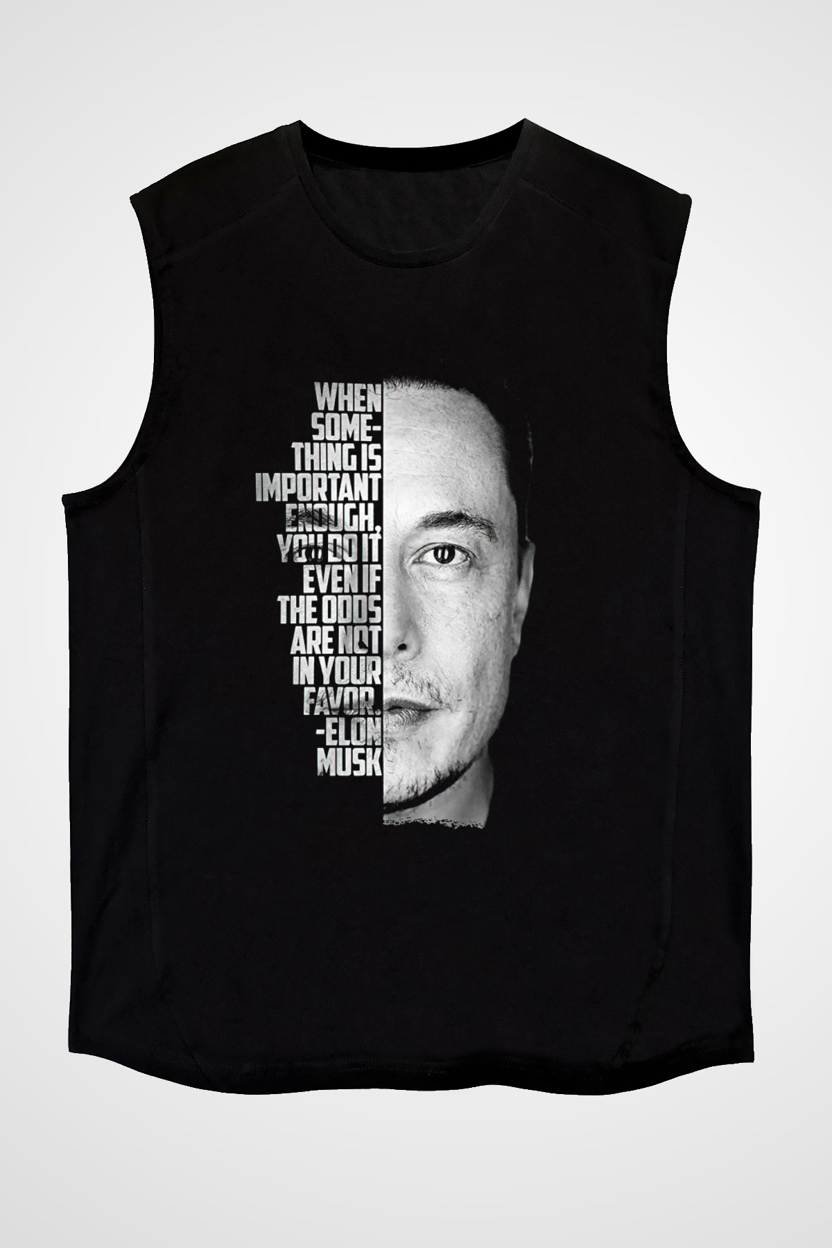 Elon Musk Baskılı Unisex Siyah Kolsuz Tişört - Tshirt