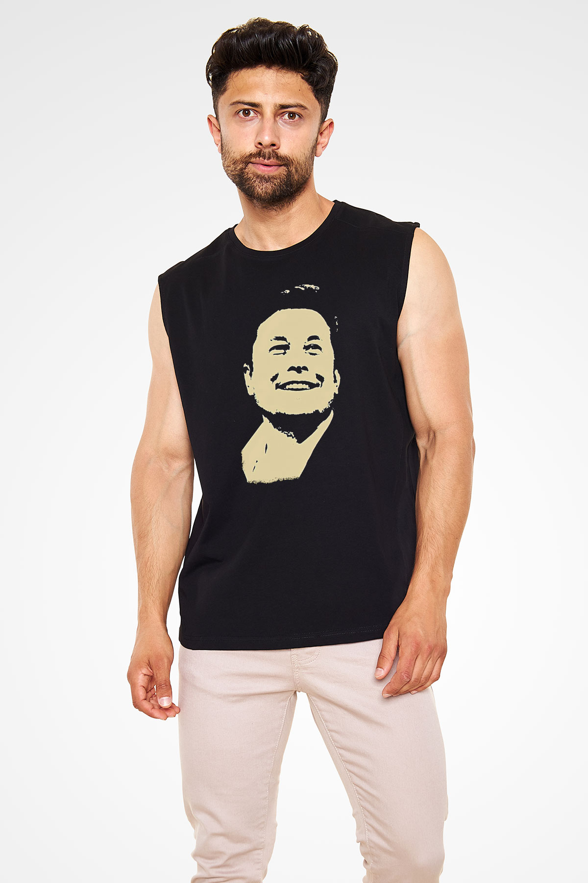 Elon Musk Baskılı Unisex Siyah Kolsuz Tişört - Tshirt