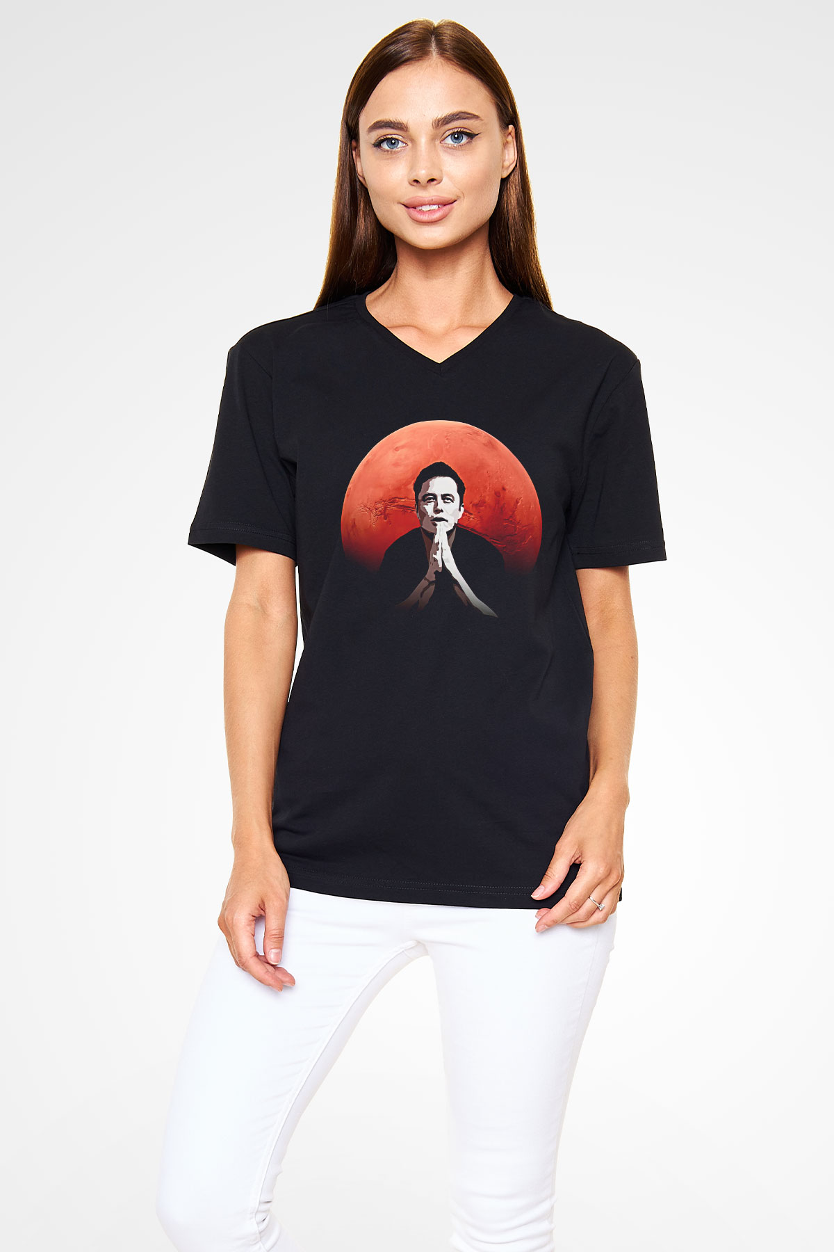 Elon Musk Baskılı Unisex Siyah V Yaka Tişört - Tshirt