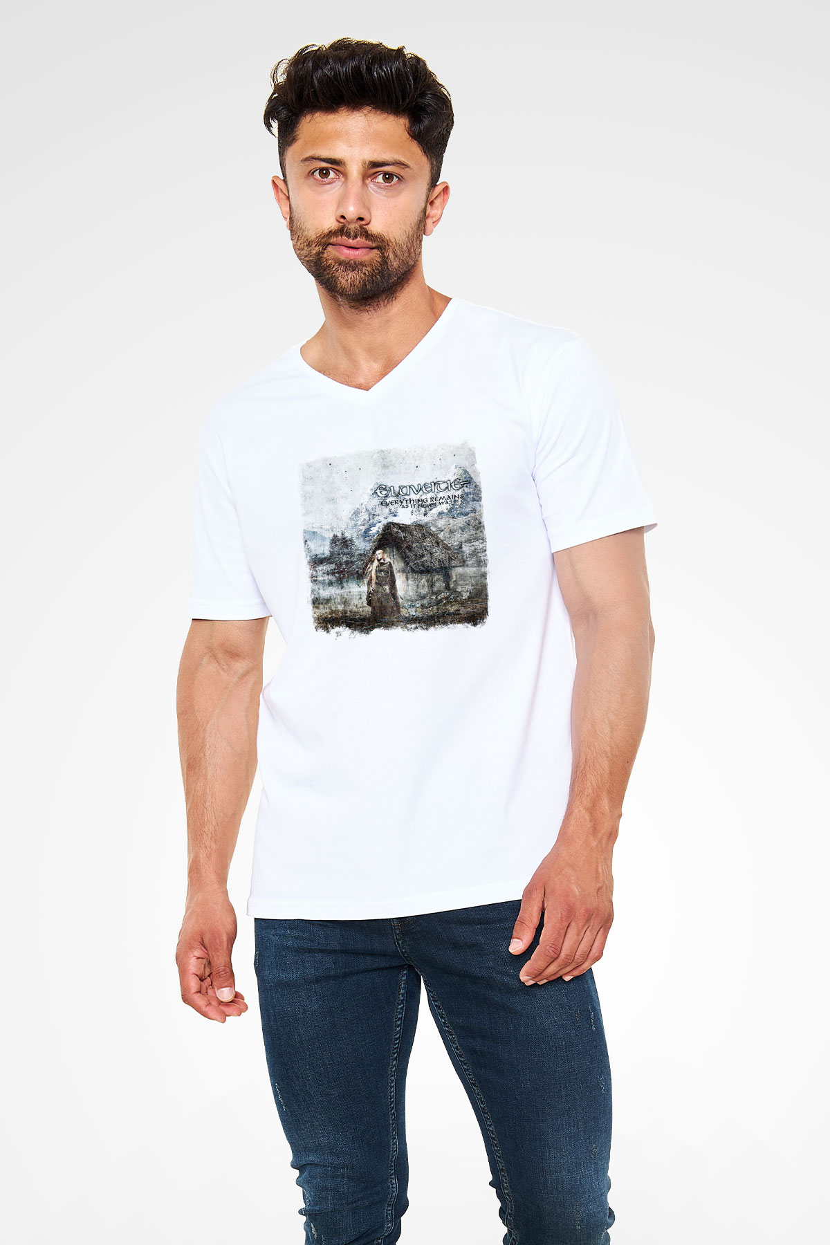 Eluveitie Baskılı Unisex Beyaz V Yaka Tişört