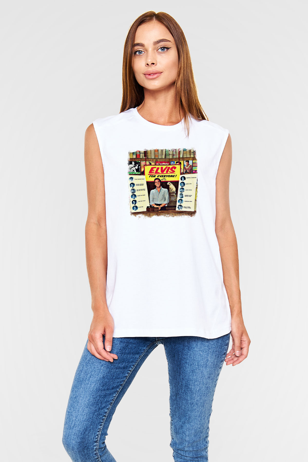 Elvis Presley Baskılı Unisex Beyaz Kolsuz Tişört