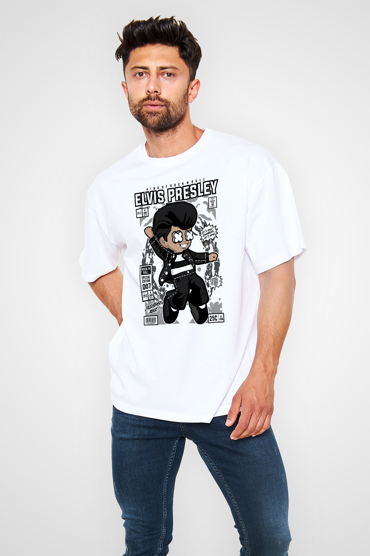 Elvis Presley Baskılı Unisex Beyaz Oversize Tişört
