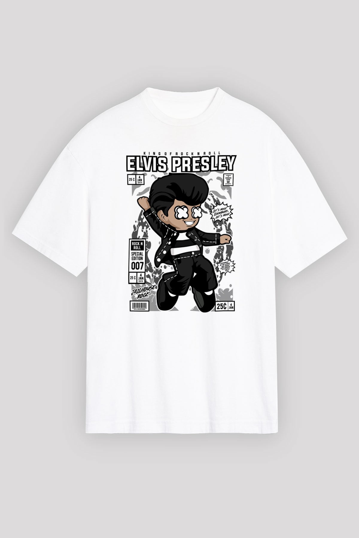 Elvis Presley Baskılı Unisex Beyaz Oversize Tişört