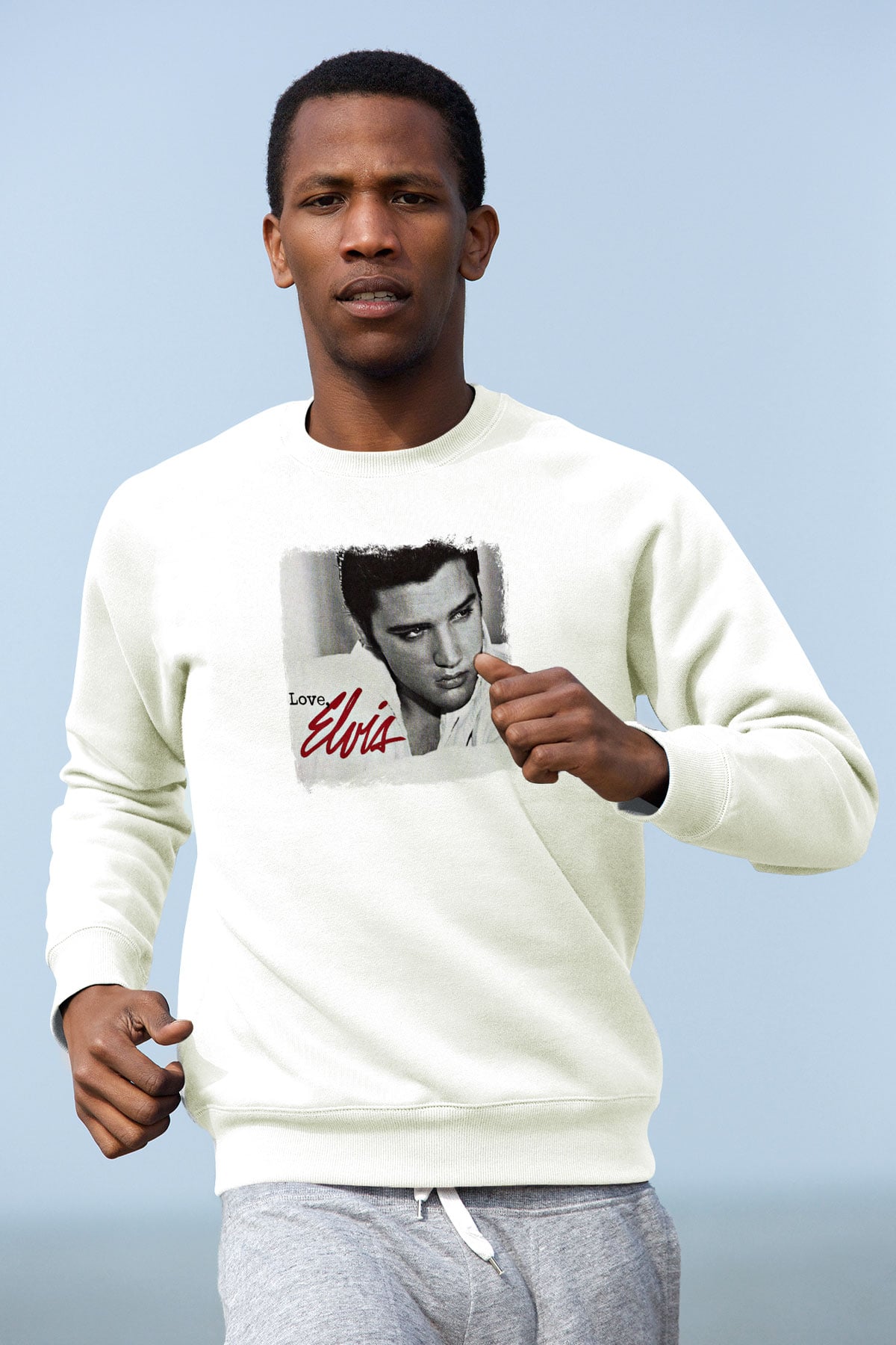 Elvis Presley Baskılı Unisex Beyaz Sweatshirt