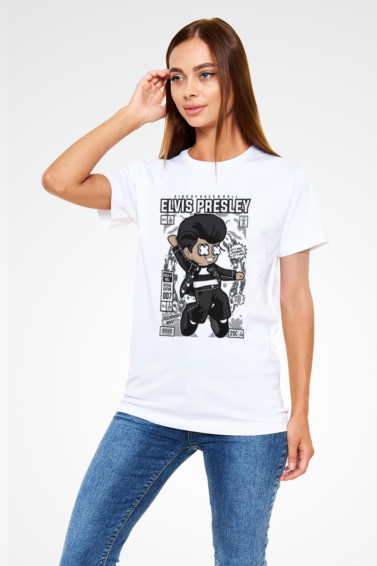 Elvis Presley Baskılı Unisex Beyaz Tişört