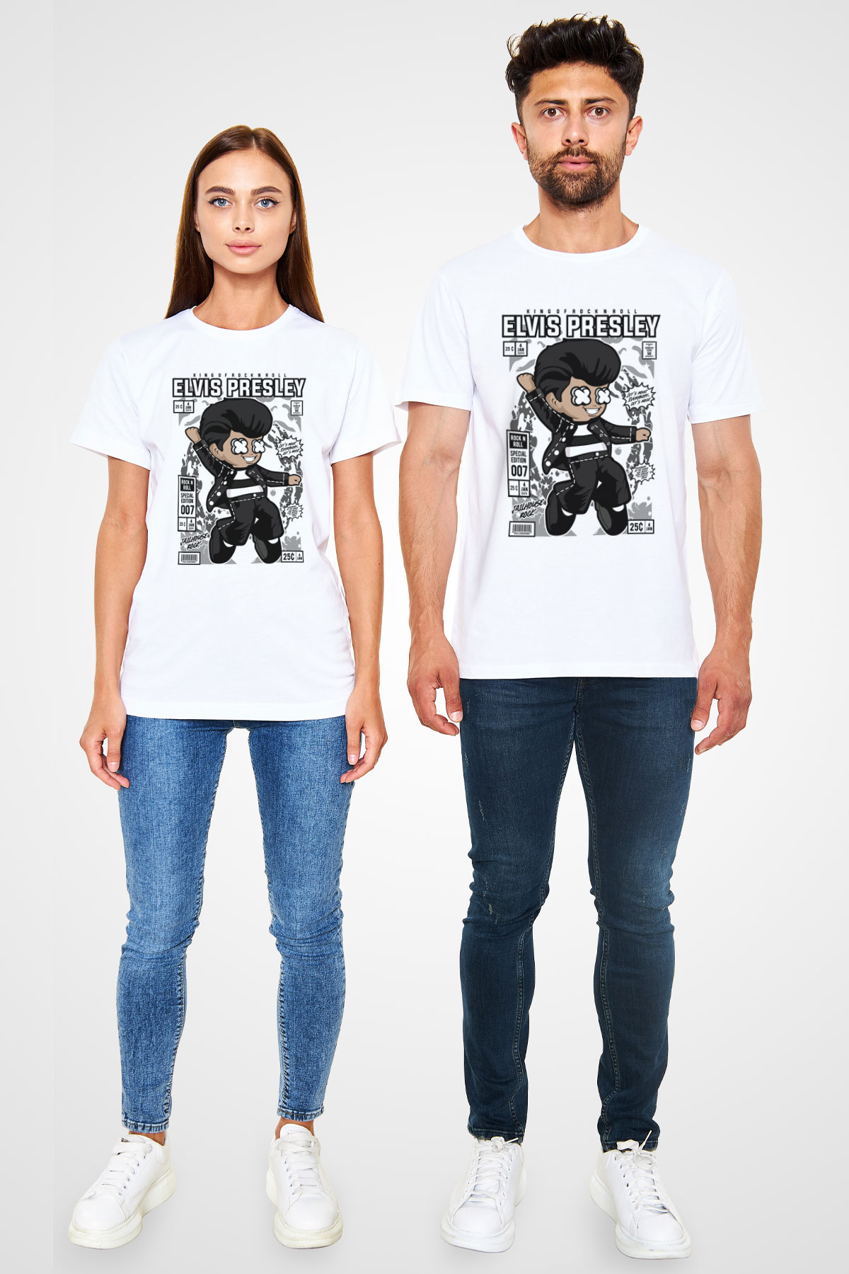 Elvis Presley Baskılı Unisex Beyaz Tişört