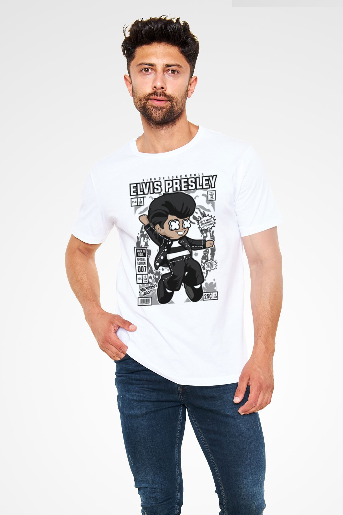 Elvis Presley Baskılı Unisex Beyaz Tişört