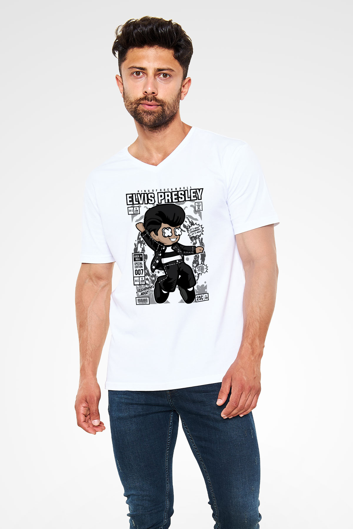 Elvis Presley Baskılı Unisex Beyaz V Yaka Tişört