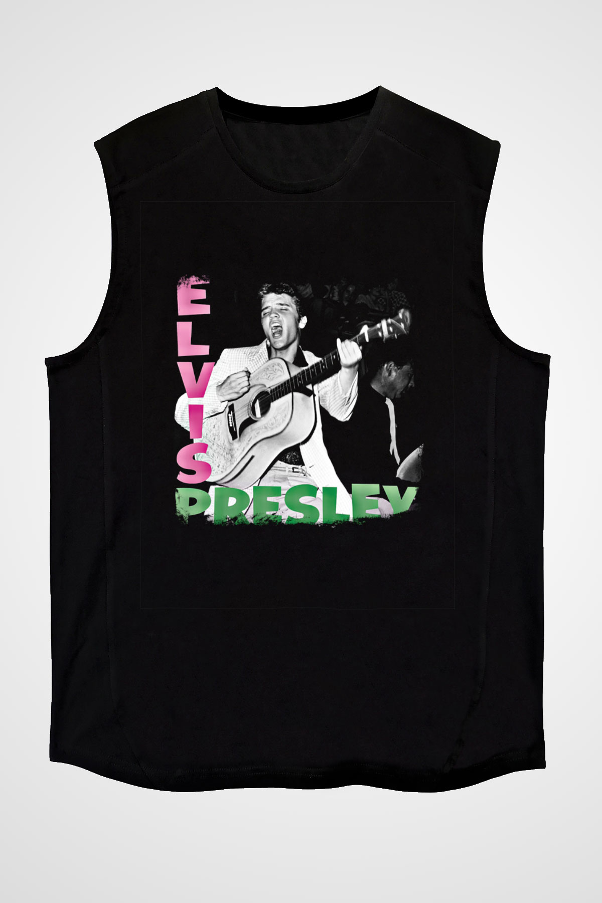 Elvis Presley Baskılı Unisex Siyah Kolsuz Tişört