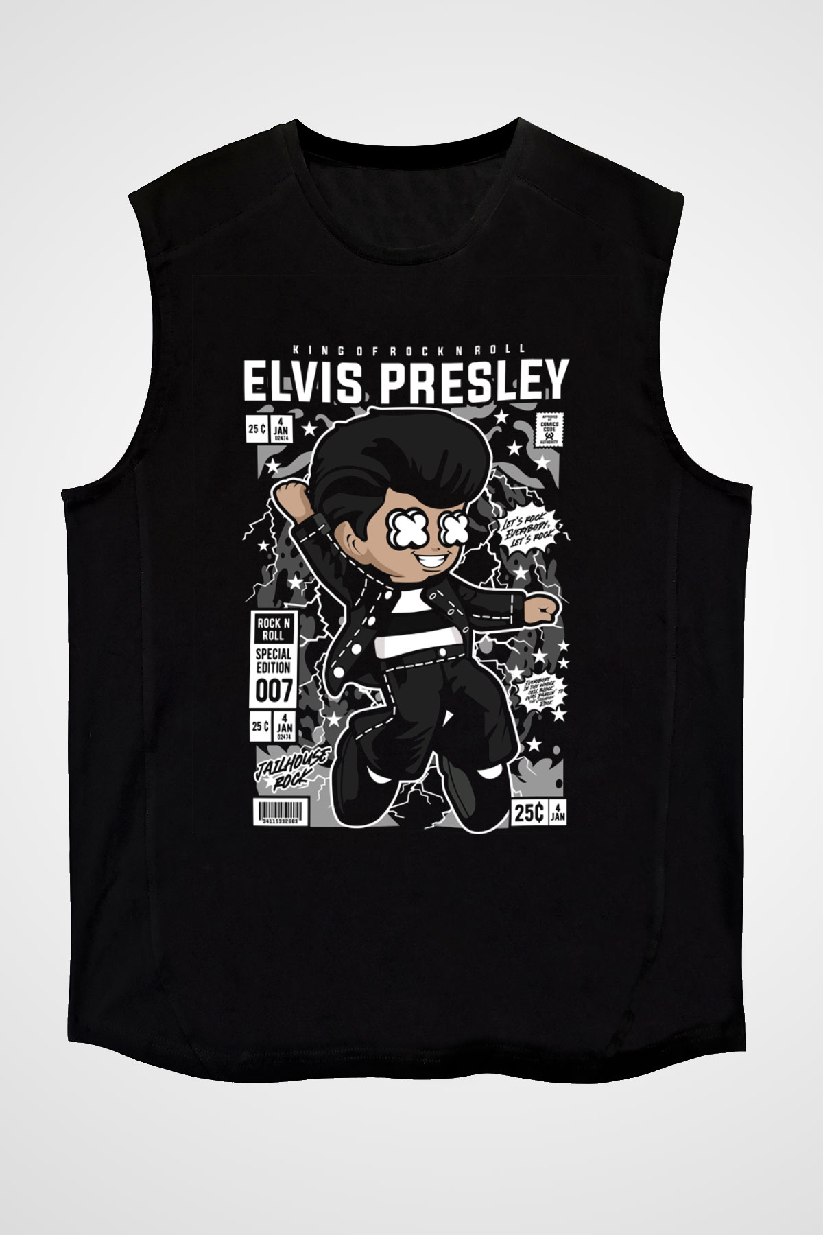 Elvis Presley Baskılı Unisex Siyah Kolsuz Tişört