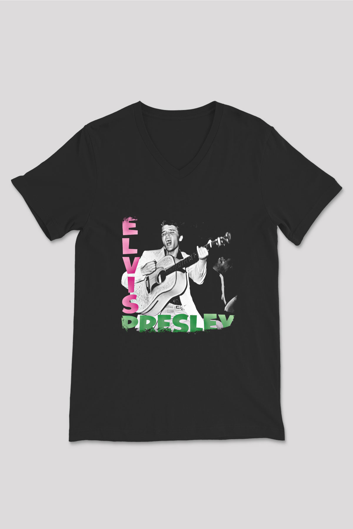 Elvis Presley Baskılı Unisex Siyah V Yaka Tişört