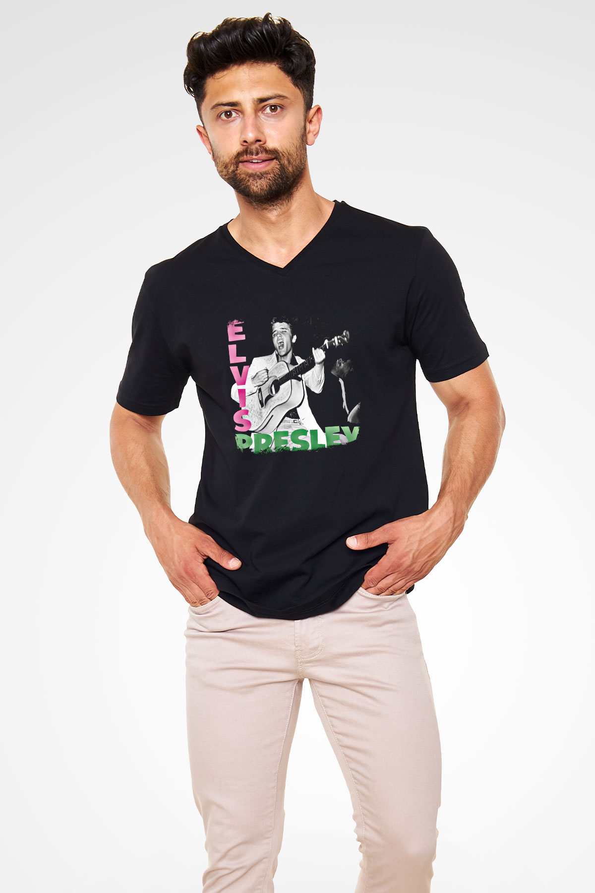 Elvis Presley Baskılı Unisex Siyah V Yaka Tişört