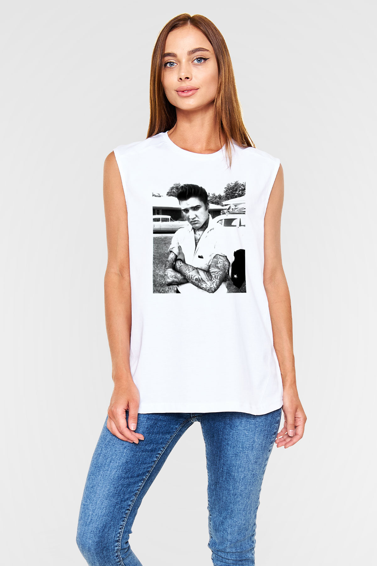 Elvis Presley Beyaz Unisex Kolsuz Tişört