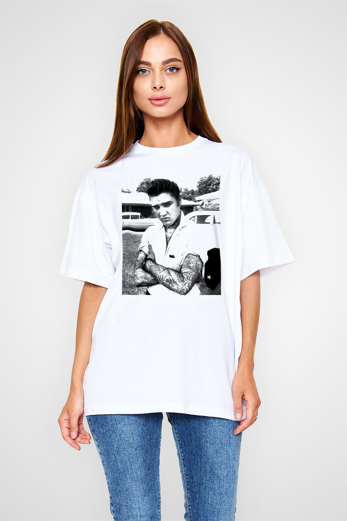 Elvis Presley Beyaz Unisex Oversize Tişört T-Shirt