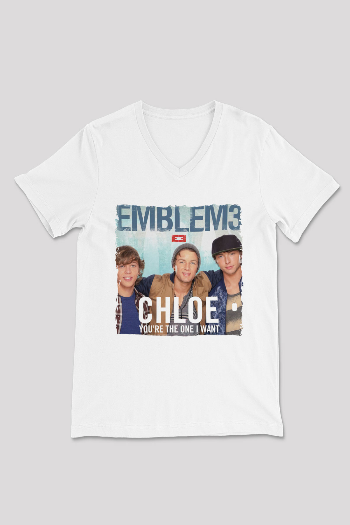 Emblem3 Beyaz Unisex V Yaka Tişört
