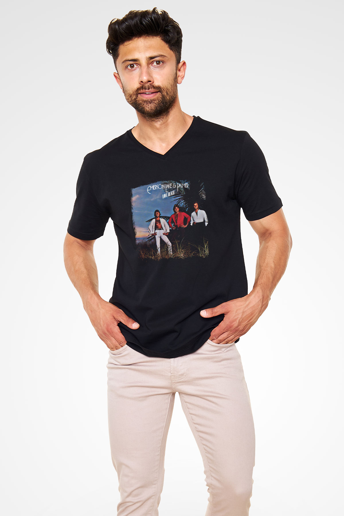 Emerson,Lake and Palmer Baskılı Unisex Siyah V Yaka Tişört