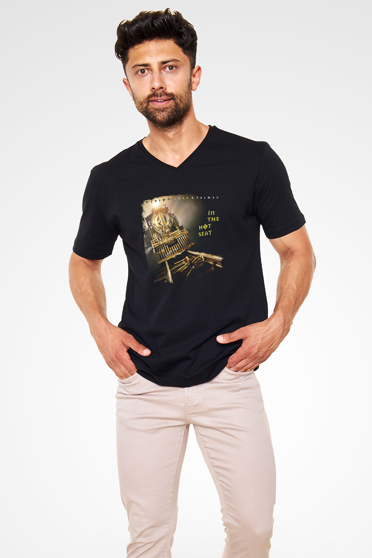 Emerson,Lake and Palmer Baskılı Unisex Siyah V Yaka Tişört