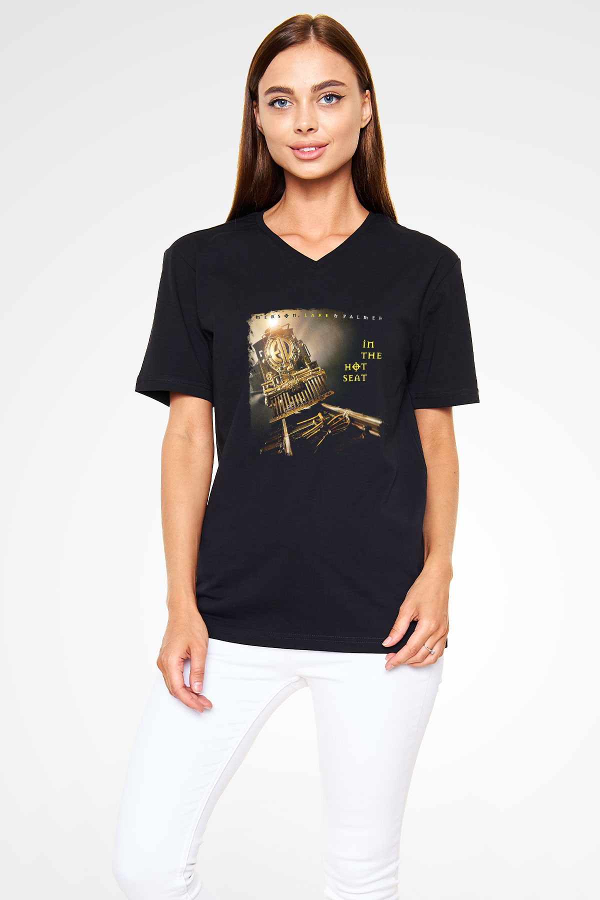 Emerson,Lake and Palmer Baskılı Unisex Siyah V Yaka Tişört