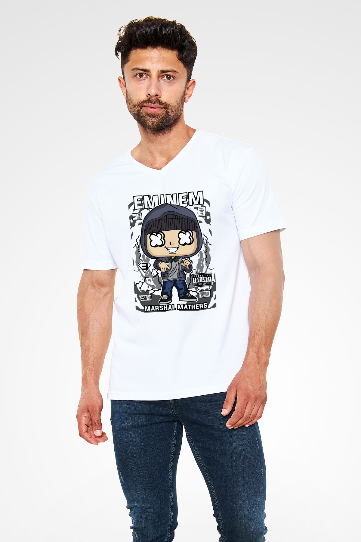 Eminem 8 Mile Baskılı Unisex Beyaz V Yaka Tişört