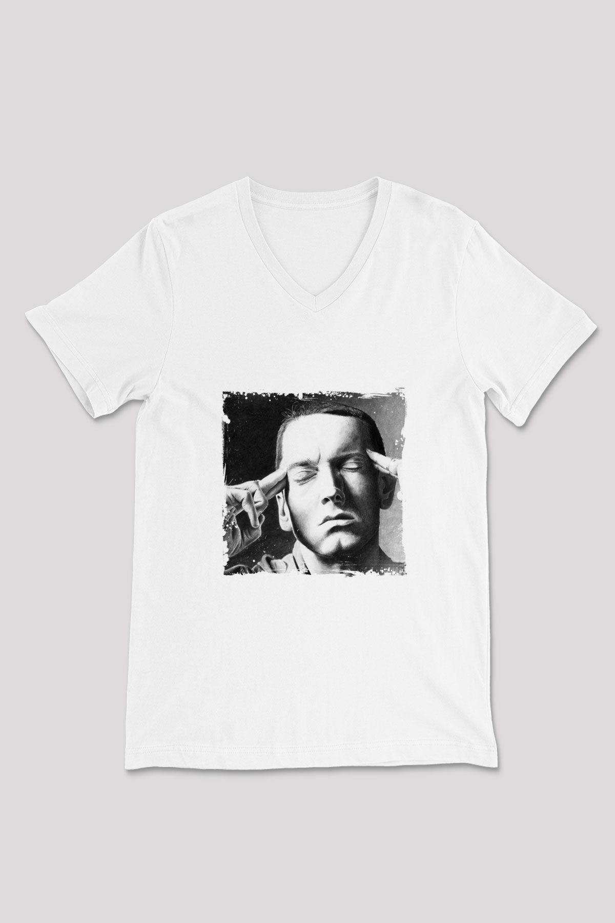 Eminem Baskılı Beyaz V Yaka Unisex Tişört