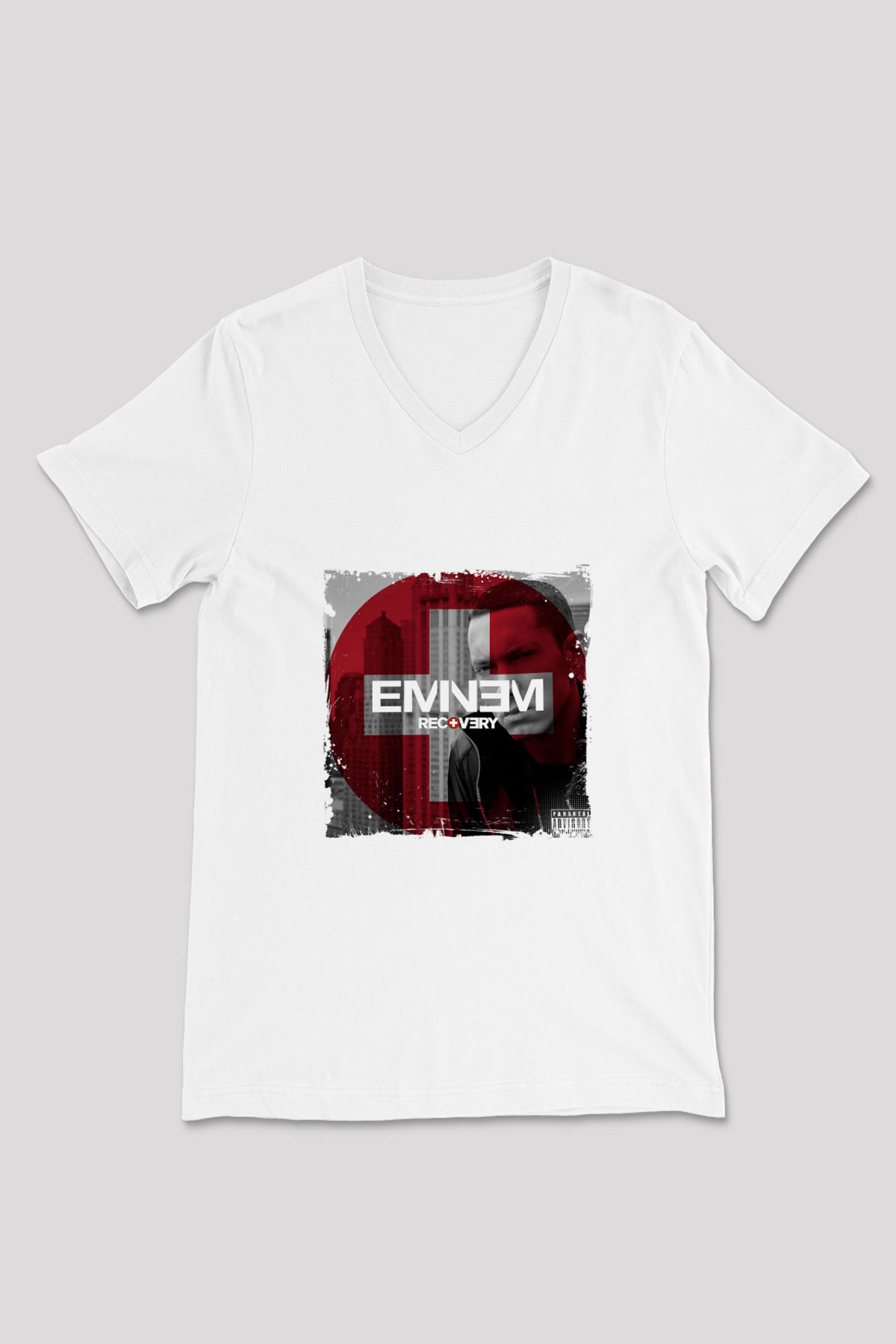Eminem Baskılı Beyaz V Yaka Unisex Tişört