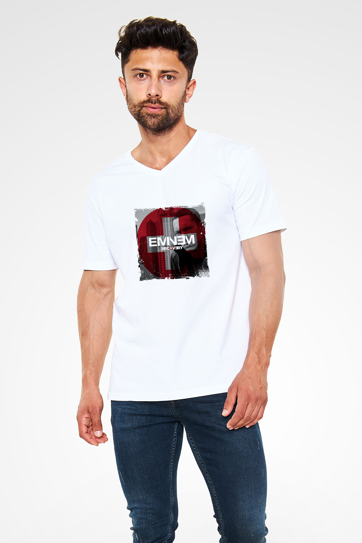 Eminem Baskılı Beyaz V Yaka Unisex Tişört