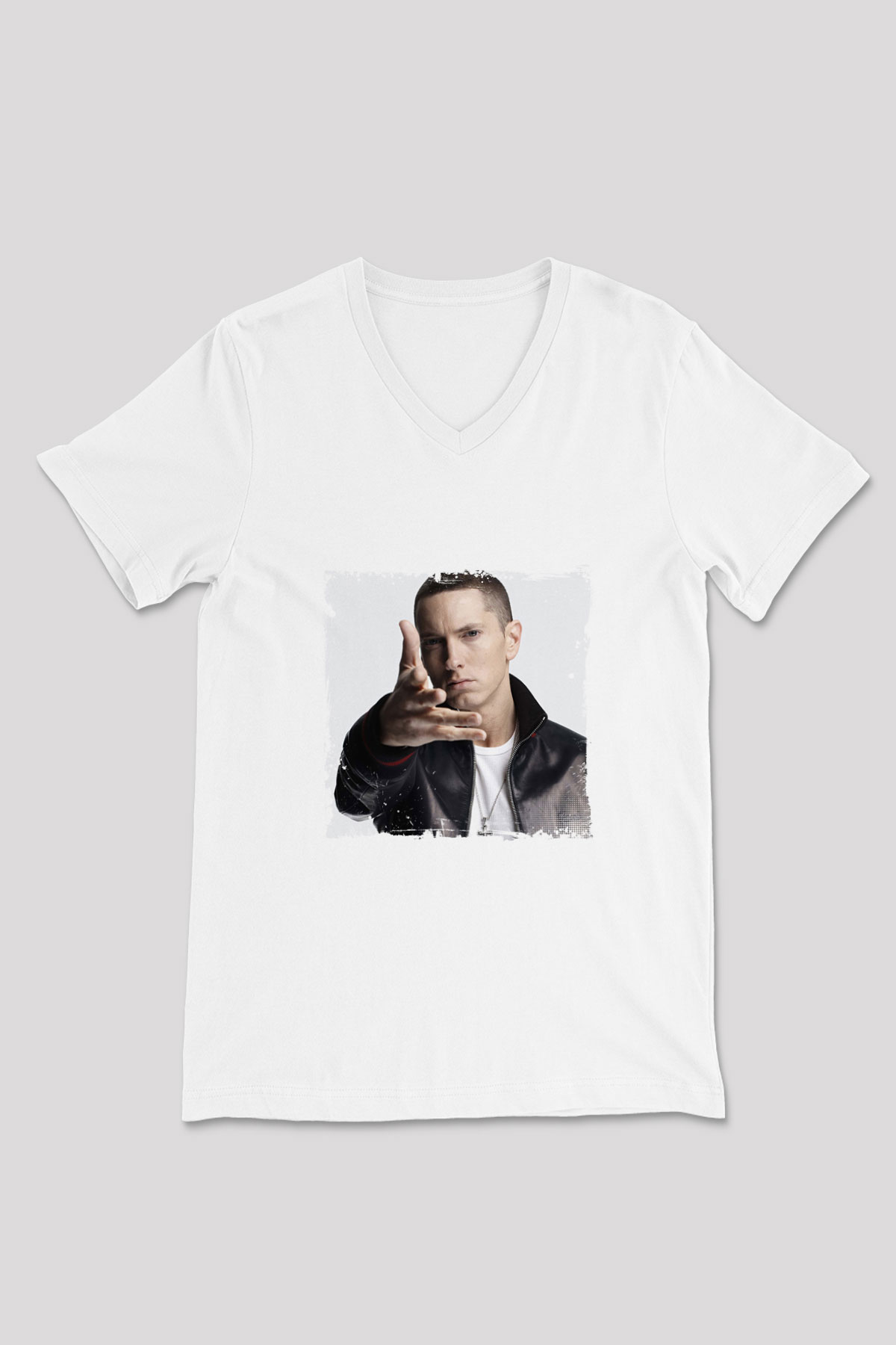 Eminem Baskılı Beyaz V Yaka Unisex Tişört