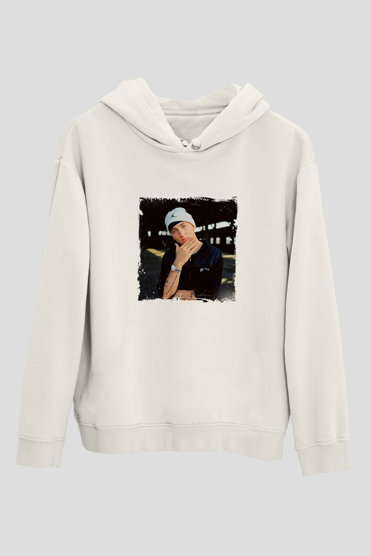 Eminem Baskılı Unisex Beyaz Kapüşonlu Sweatshirt