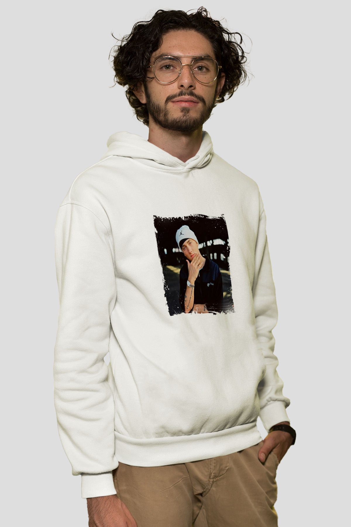 Eminem Baskılı Unisex Beyaz Kapüşonlu Sweatshirt