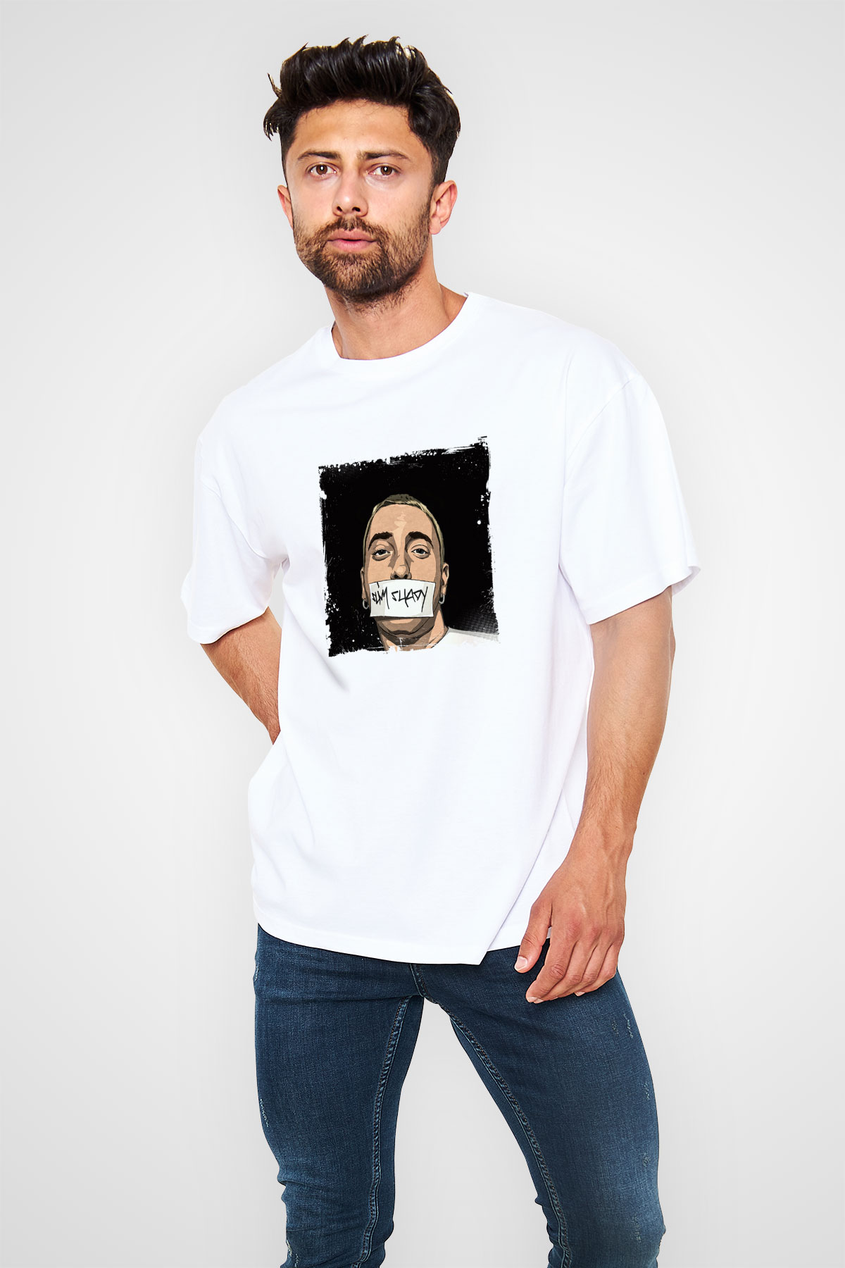 Eminem Baskılı Oversize Beyaz Tişört