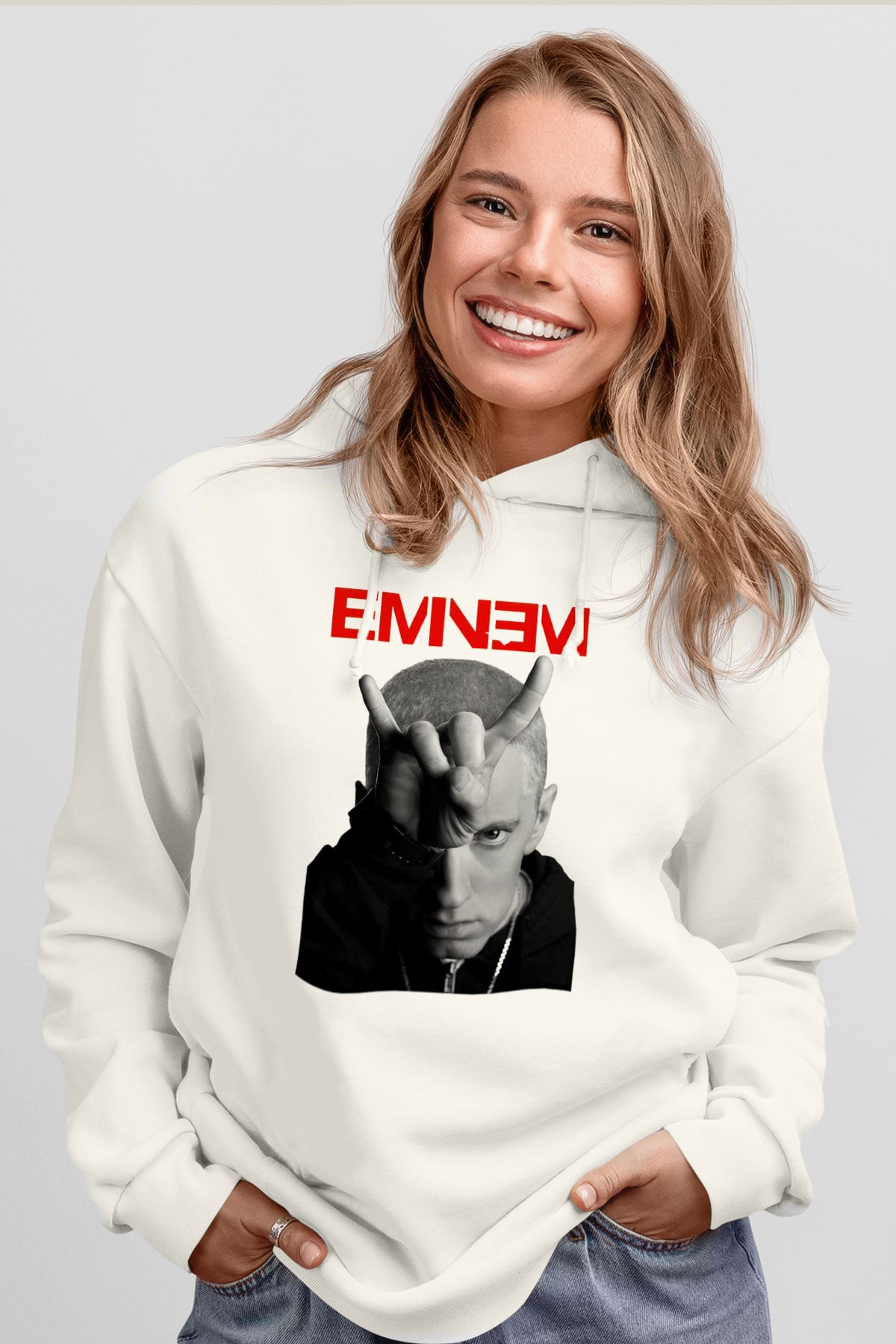 Eminem Beyaz Unisex Kapşonlu Sweatshirt