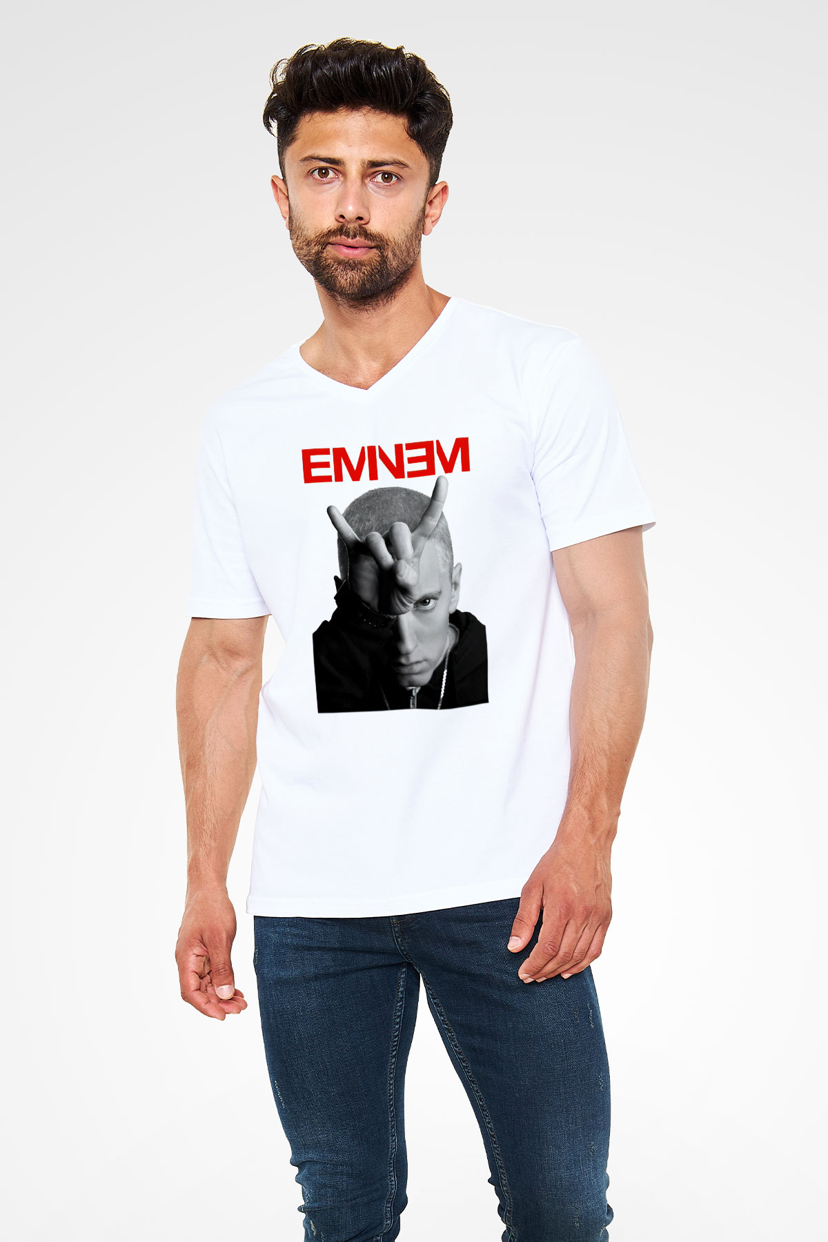 Eminem Beyaz Unisex V Yaka Tişört T-Shirt