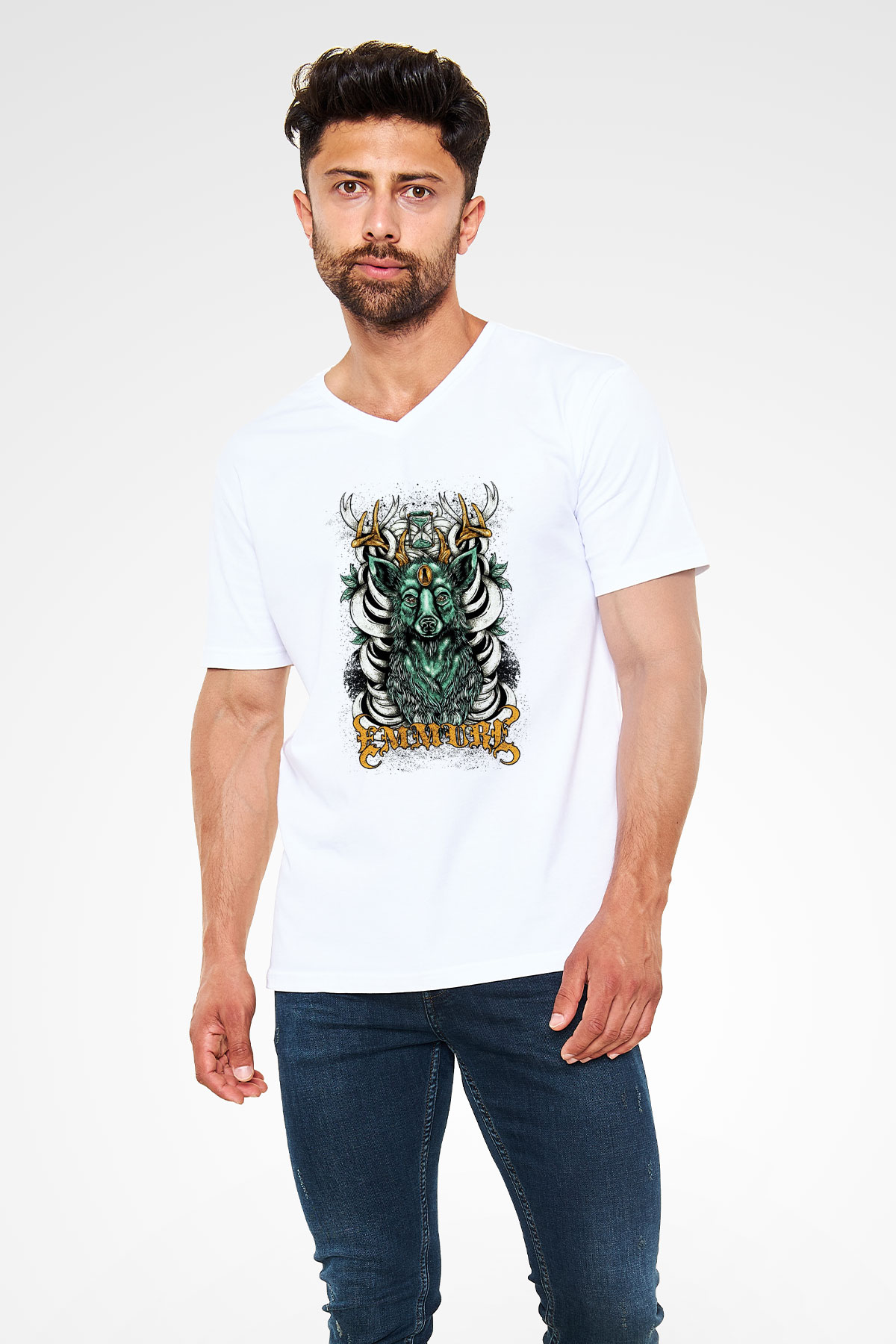 Emmure Beyaz Unisex V Yaka Tişört T-Shirt