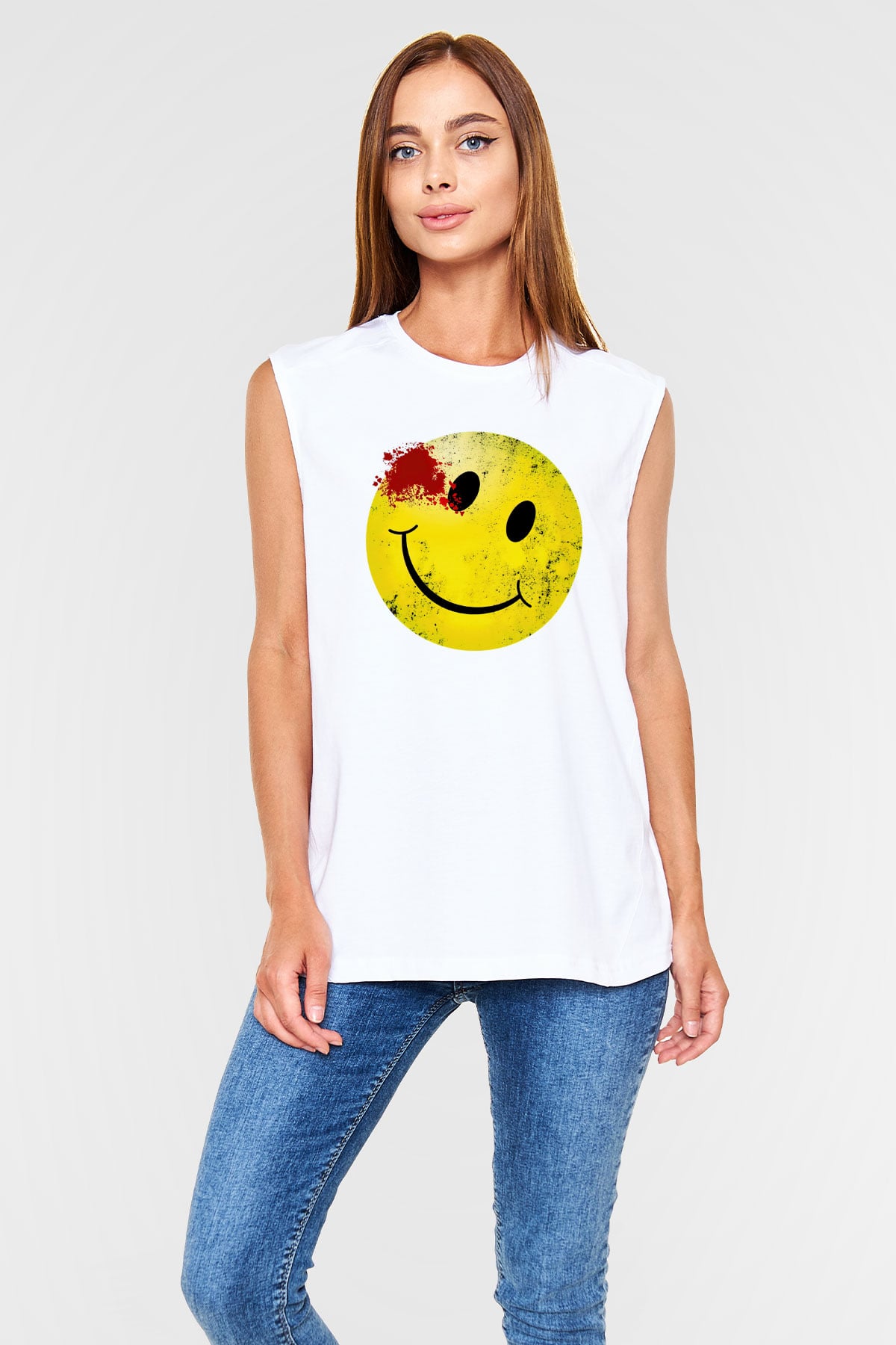 Emoji Baskılı Unisex Beyaz  Kolsuz Tişört