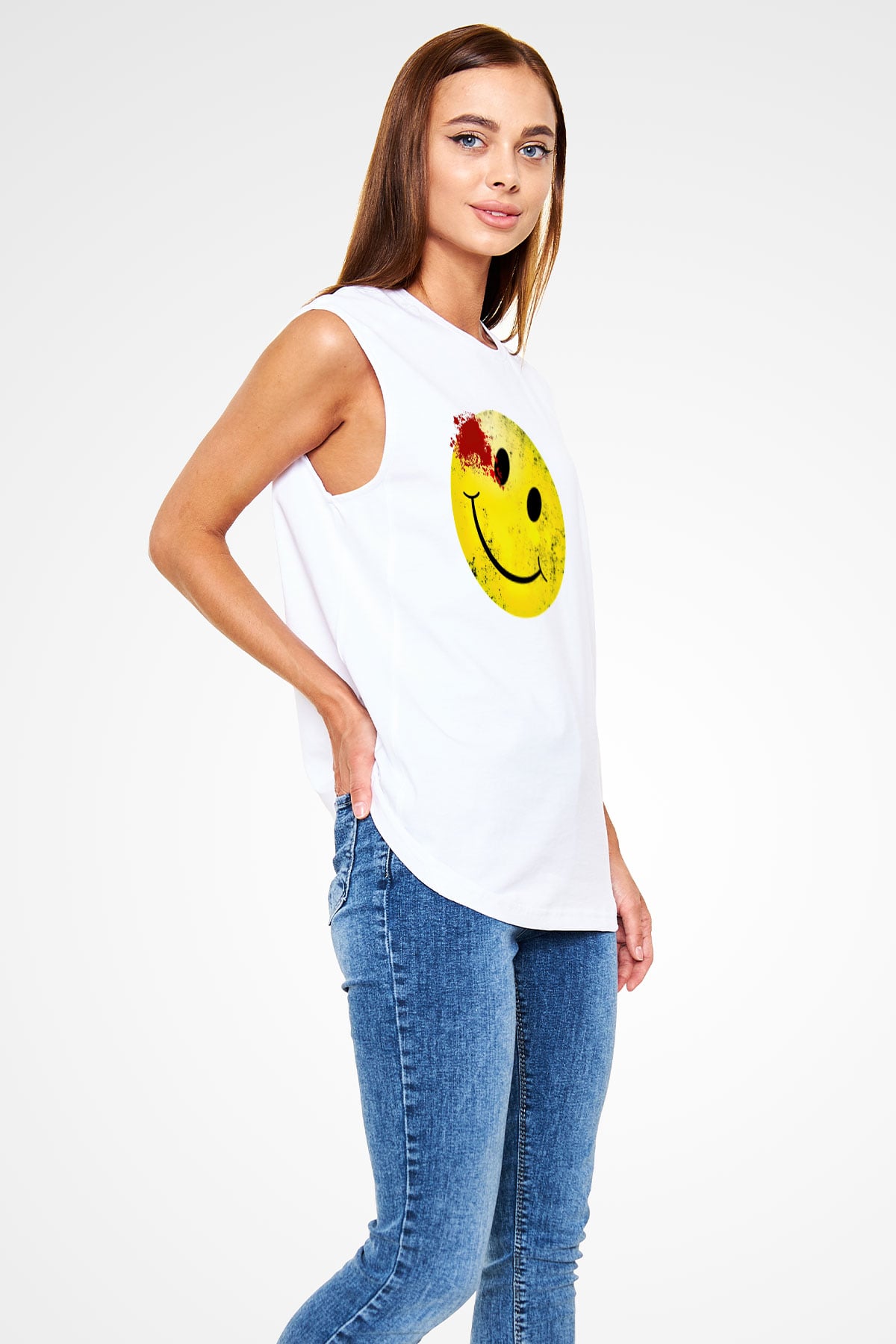 Emoji Baskılı Unisex Beyaz  Kolsuz Tişört