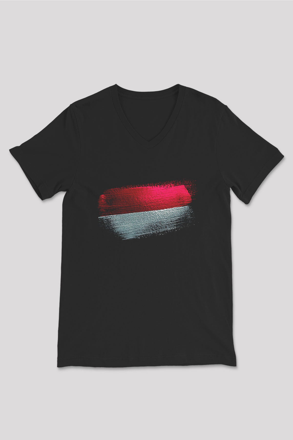 Endonezya - İndonesia Bayrağı Baskılı Unisex Siyah V Yaka Tişört