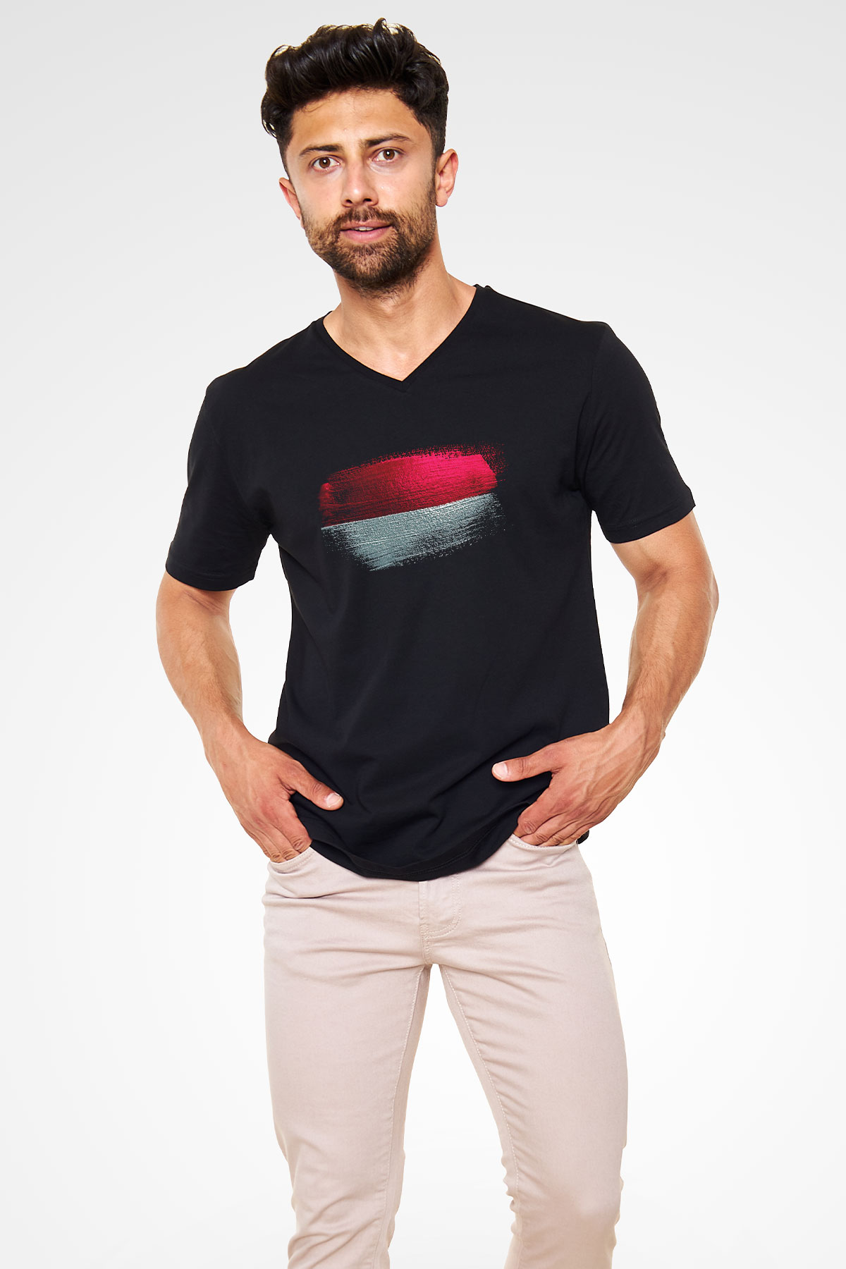 Endonezya - İndonesia Bayrağı Baskılı Unisex Siyah V Yaka Tişört