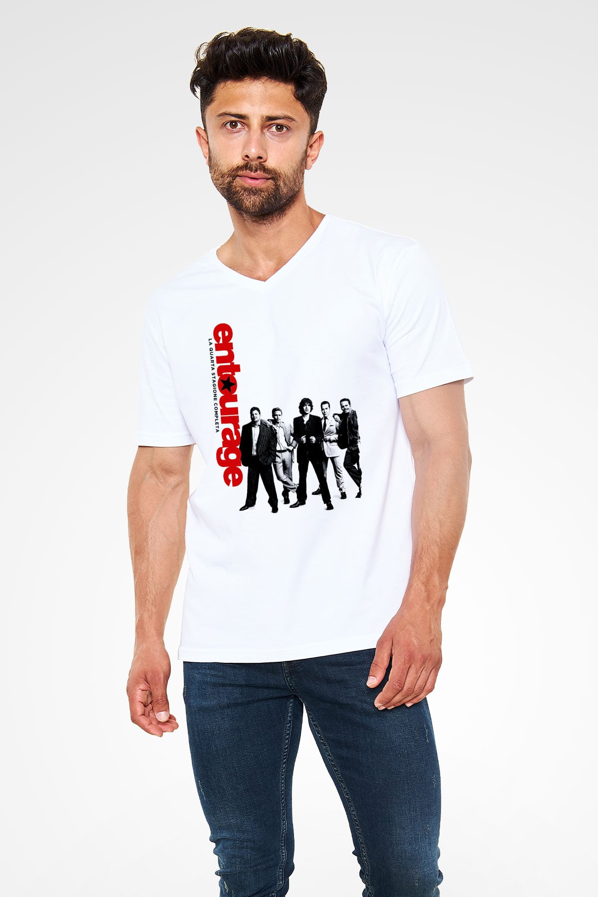Entourage Beyaz Unisex V Yaka Tişört