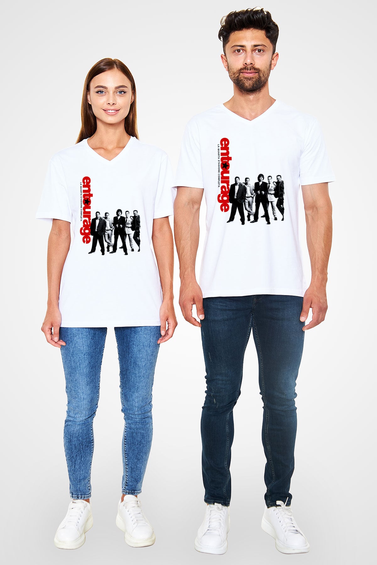Entourage Beyaz Unisex V Yaka Tişört